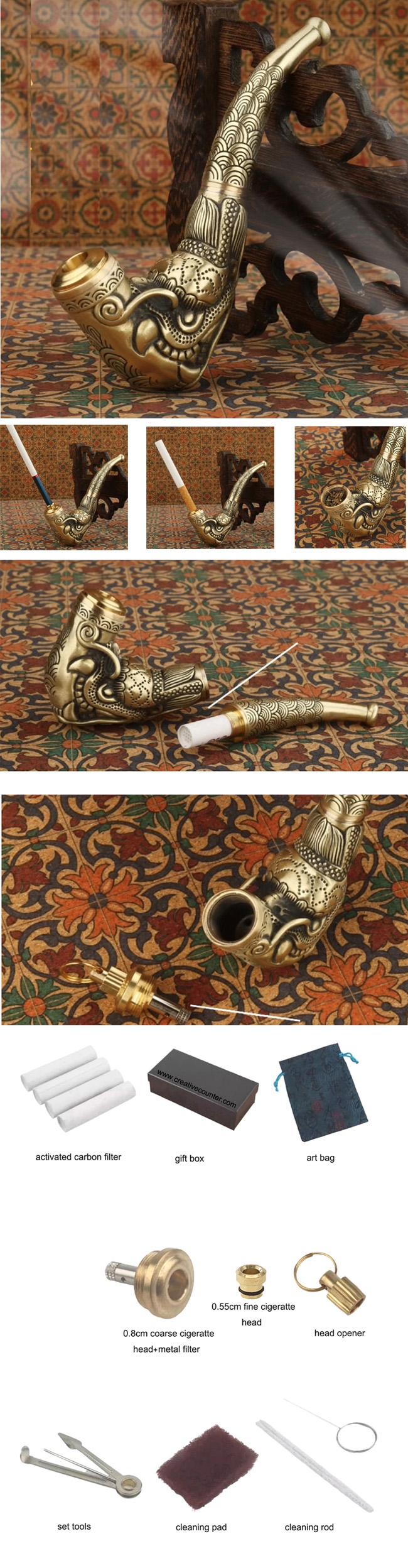 Pure Copper Brass Vintage Tobacco Smoking Pipe Pot Cigarette Holder Double Filter Handicraft