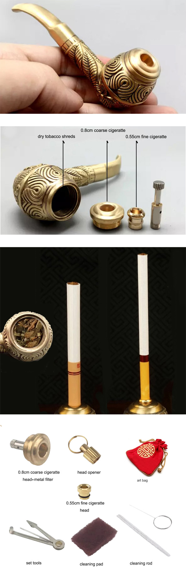 Integrated Solid Copper Brass Vintage Tobacco Smoking Pipe Cigarette Holder 1Filter Pot