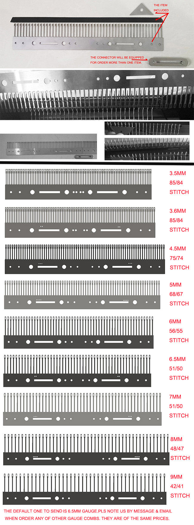 51/50 Stitches 6.5mm Garter Bar Transfer Tool Comb+Cap+Opener or 3.5 3.6 4.5 5 6 7 8 9mm